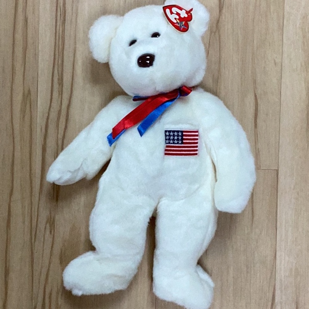 2000 Beanie Baby Libearty Patriotic Embroidered‎ American Flag White Plush Bear